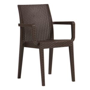 Silla de plastico glady 80 chocolate apilable con efecto rattán para terraza y hostelería