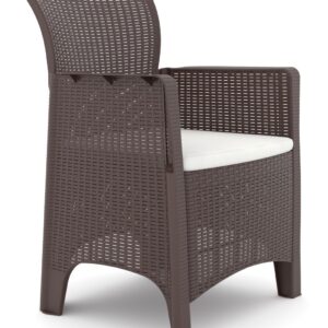 Silla de plastico ileón 80 beige sillon marrón chocolate con imitación rattán y cojín beige para terraza