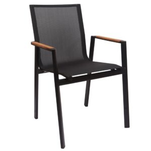 Silla de exterior rosauro 47 negro apilable con aluminio, textilene negro y reposabrazos de teka para terraza