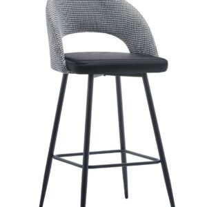 Taburete tapizado CLEO con respaldo pata de gallo blanco y negro y asiento velvet negro, estructura metálica