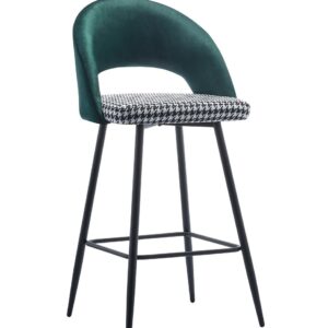 Taburete tapizado CLEO con respaldo verde velvet y asiento pata de gallo, estructura metálica negra