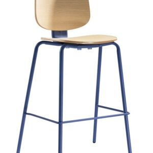 Taburete apilable Colmar con estructura tubular azul y asiento HPL natural ergonómico para hostelería