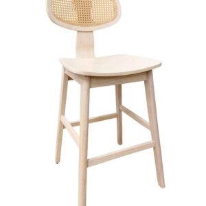 Taburete de madera CORBEL con armazón de hevea maciza, asiento y respaldo con rejilla, acabado natural