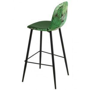 Taburete tapizado terciopelo verde con respaldo floral y estructura metálica negra HORUS NEW para cocina y hostelería