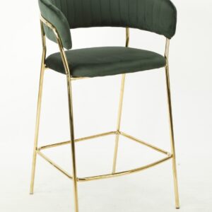 Taburete tapizado Kefren New en terciopelo verde oscuro con estructura cromada dorada para cocina y hostelería