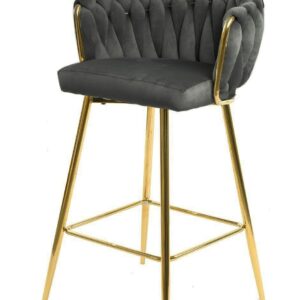 Taburete tapizado terciopelo gris oscuro con estructura cromada dorada modelo King para cocina y hostelería