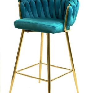 Taburete tapizado KING con acabado cromado dorado y asiento en terciopelo turquesa para cocina y hostelería