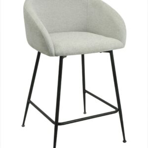 Taburete tapizado Lauren con respaldo en tejido linen gris claro y patas metálicas negras