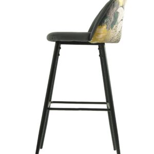 Taburete tapizado en terciopelo gris con respaldo decorado palm y estructura metálica negra modelo Palm Grey