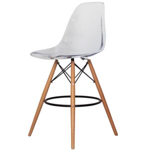 Taburete STAR con carcasa transparente de PET y base de madera con reposapies metálico negro