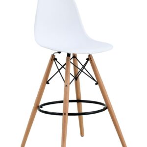 Taburete de diseño STAR con asiento blanco y base de madera natural con reposapiés metálico negro