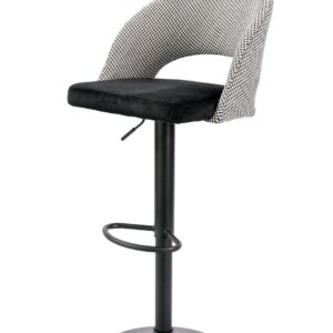 Taburete tapizado regulable TEIDE con respaldo pata de gallo blanco y negro y asiento velvet negro sobre estructura metálica