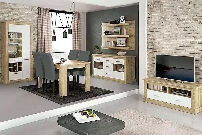 Muebles de salón modernos en roble claro y blanco con vitrina, aparador, mesa de comedor y mueble