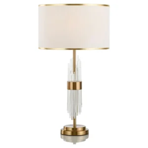 Lámpara de mesa ESLOHE dorada y blanca · metal dorado, cristal y pantalla textil blanca